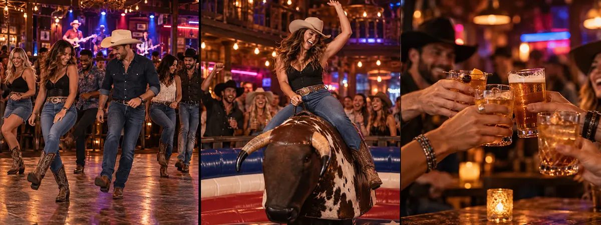 Illustrative Nashville nightlife scene: adults line dancing, a mechanical bull rider, and friends raising beer and cocktails