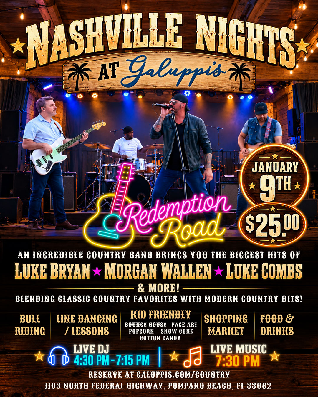 Official Nashville Nights at Galuppi’s flyer: January 9, Redemption Road, $25, DJ 4:30–7:15 PM and live music at 7:30 PM